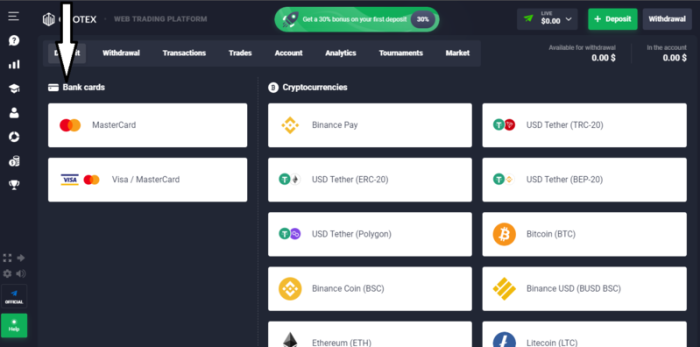 Bank card deposit options